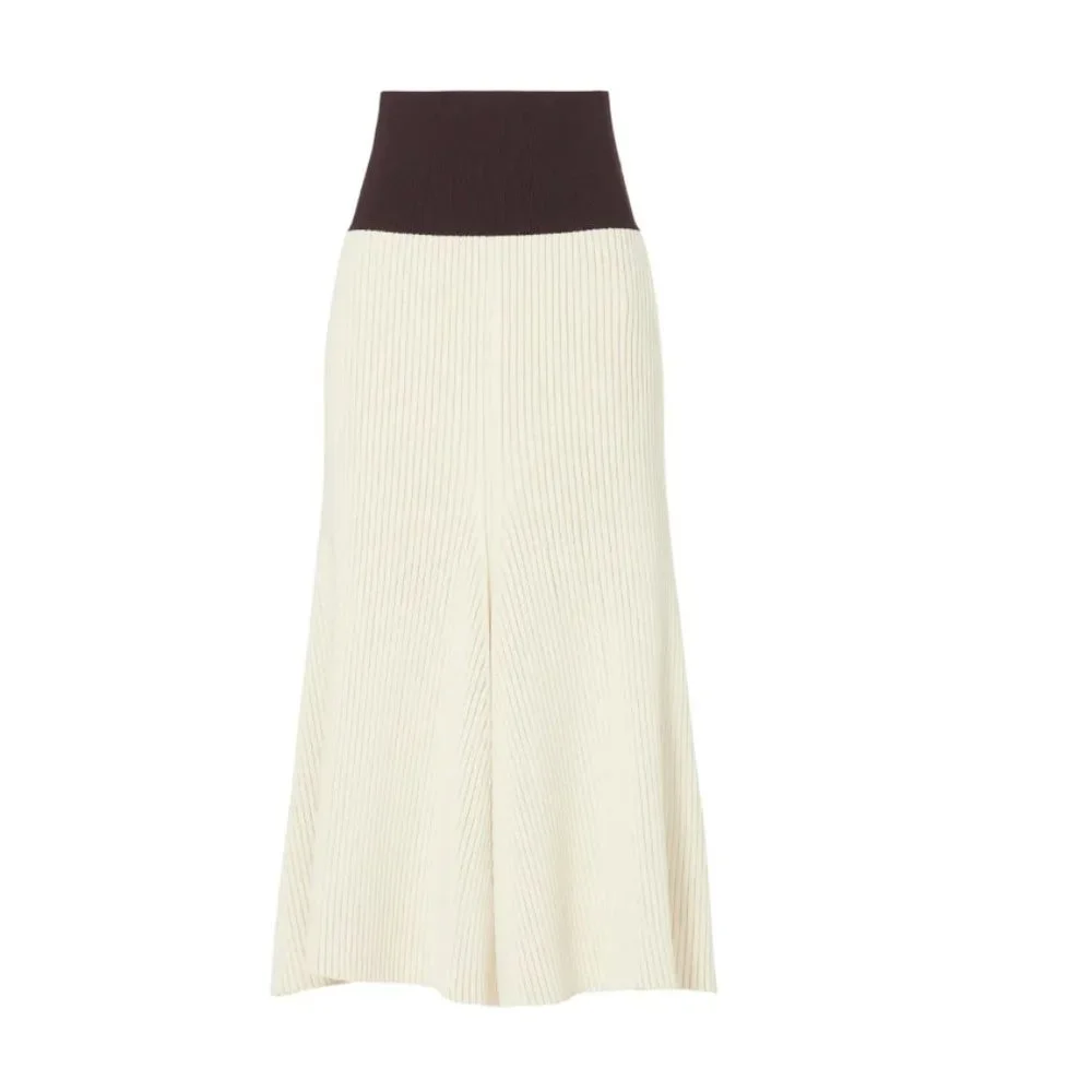 Tory Burch Cream Ribbed Maxi Skirt with Black Waistband